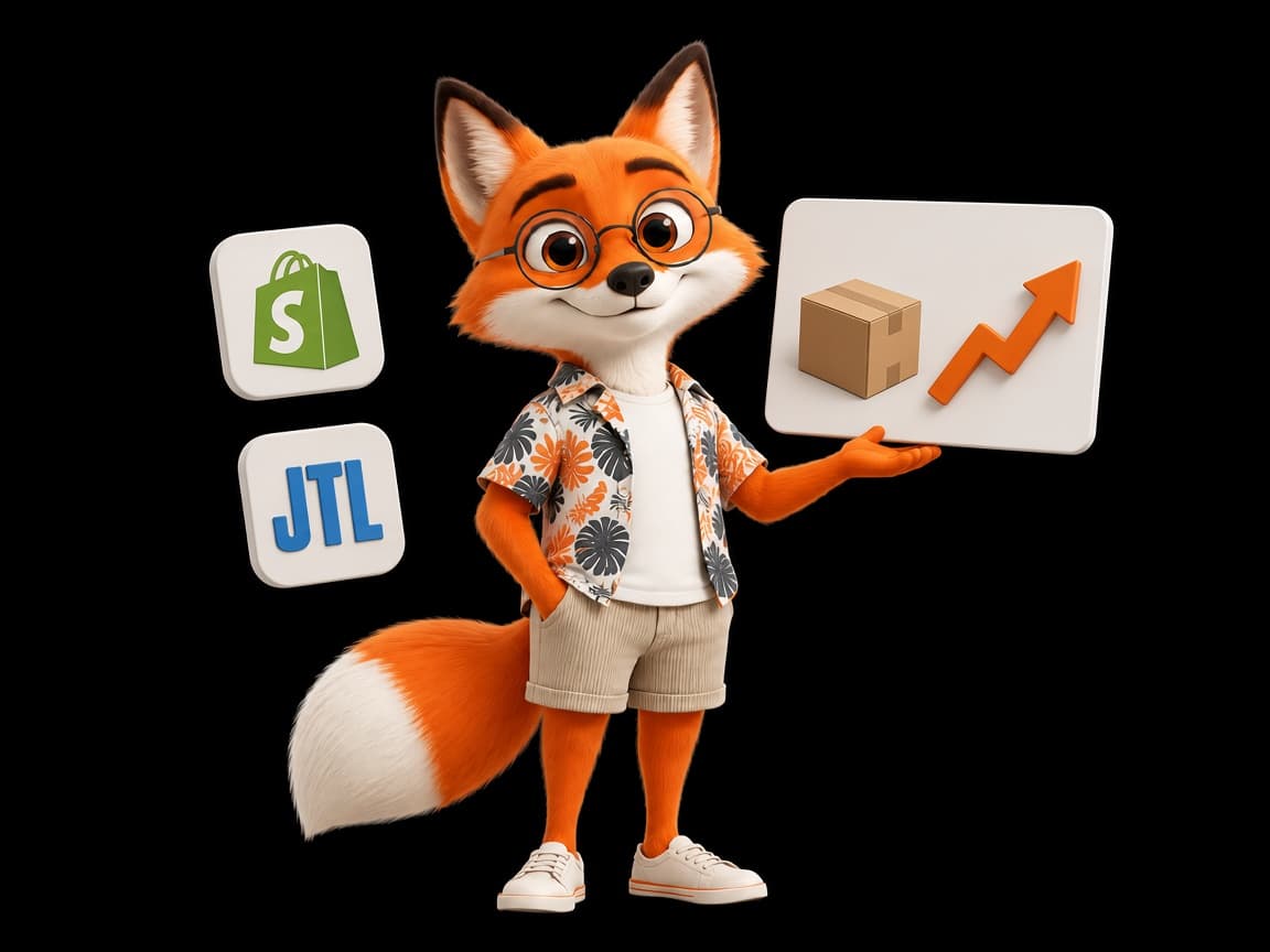StoreSchmide-Fuchs zwischen Shopify-Logo und JTL-Kachel, daneben Paket und Pfeil